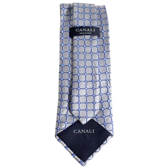 CANALI Tie 100% Silk -Made in Italy- Silver & Blue Square Pattern - Picture 4 of 6